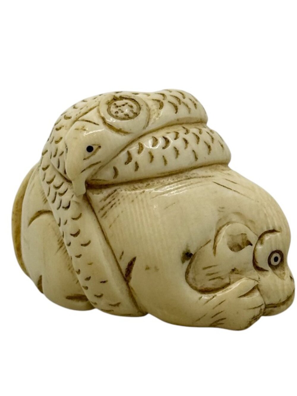 Meiji - Taisho carved Ivory monkey & snake Japanese netsuke